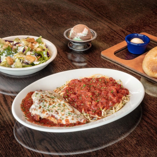 old spaghetti factory baked lasagna and a salad with house dressing