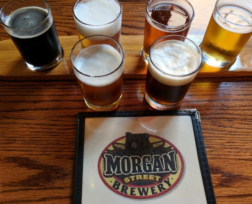flight of local beers at morgan street brewery on laclede's landing