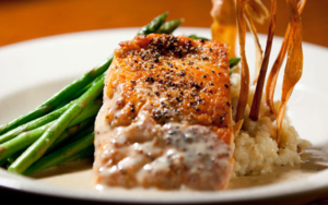 salmon dinner with green beans from morgan street brewery on laclede's landing