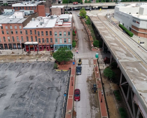 Drone shot of renovations at Laclede's Landing December 1